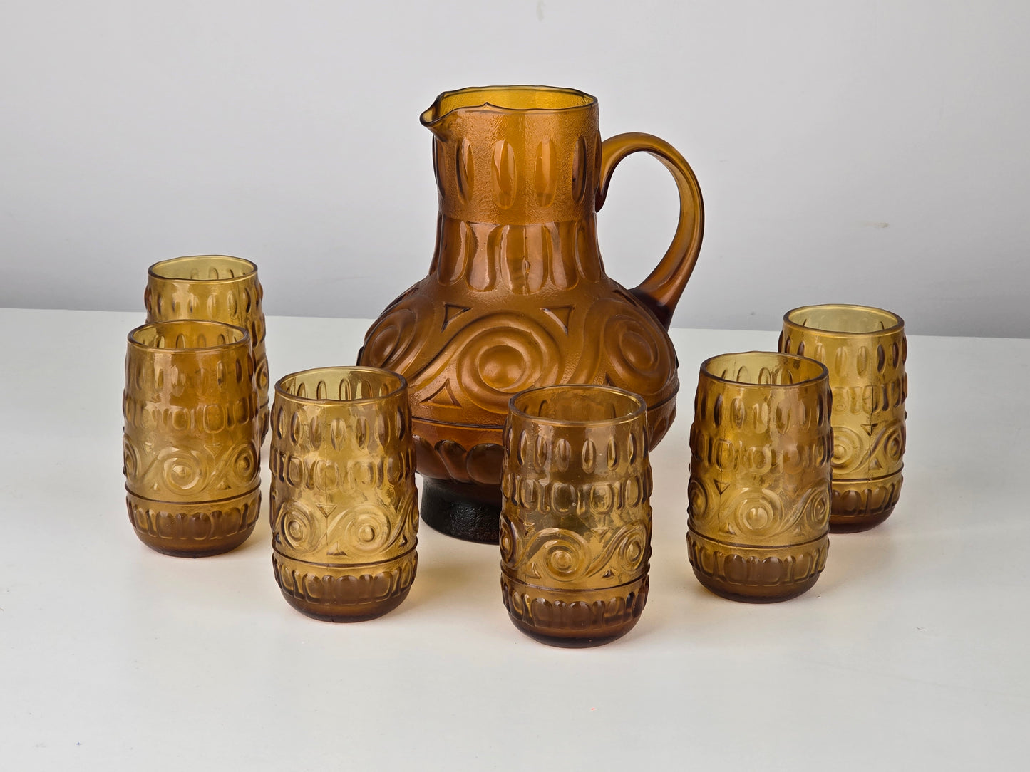 VINTAGE GLAS-SET Amber Krug 6 Gläser Italien 70er Jahre Design Retro