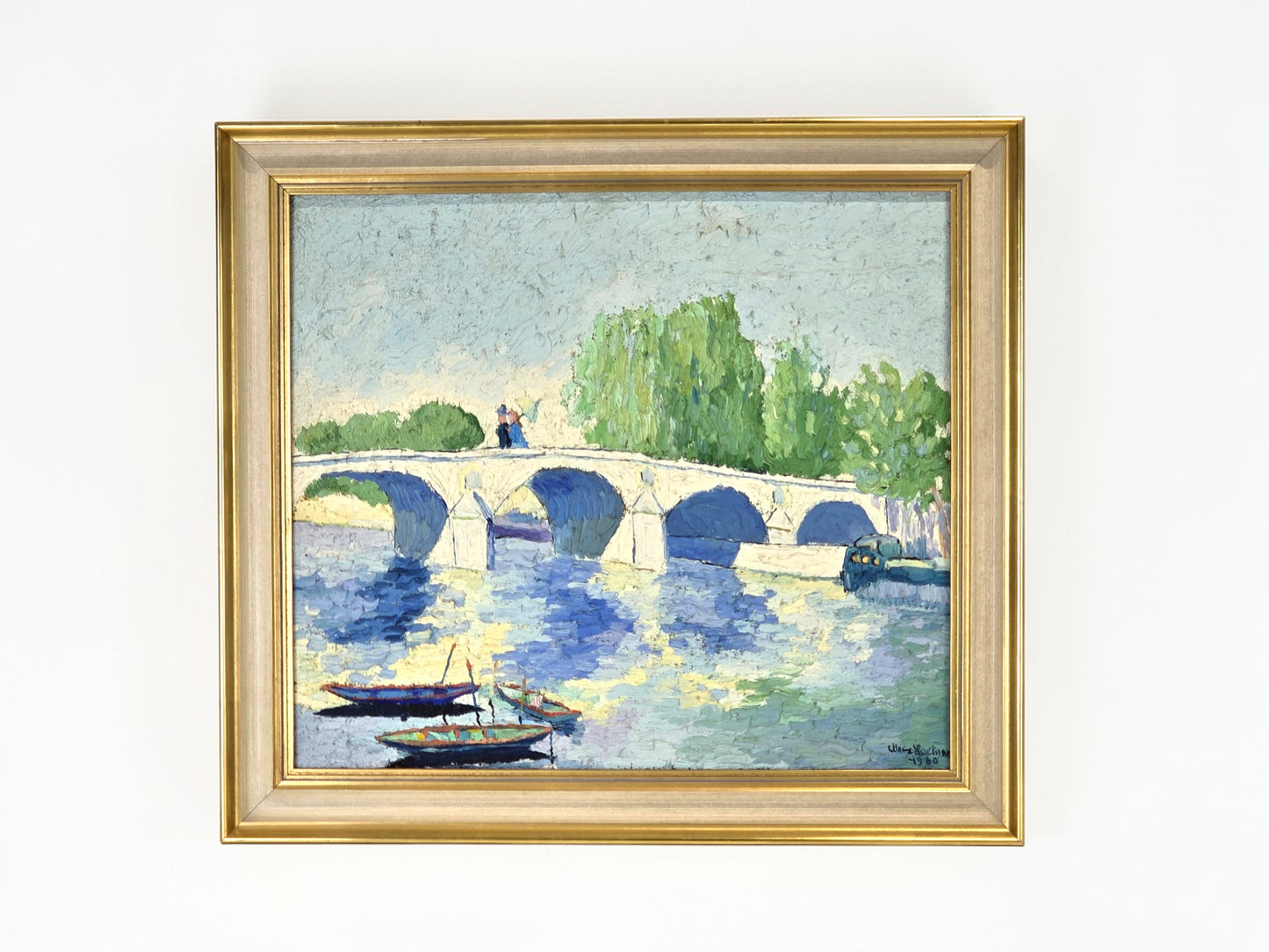 HANS LUCKAS Ölgemälde Impressionismus Paris Brücke Boot Rahmen Antik 1960