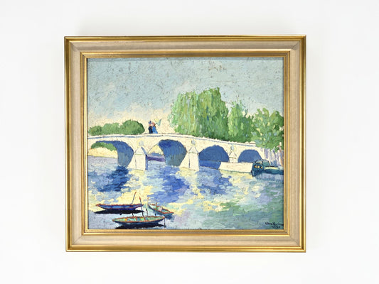 HANS LUCKAS Ölgemälde Impressionismus Paris Brücke Boot Rahmen Antik 1960