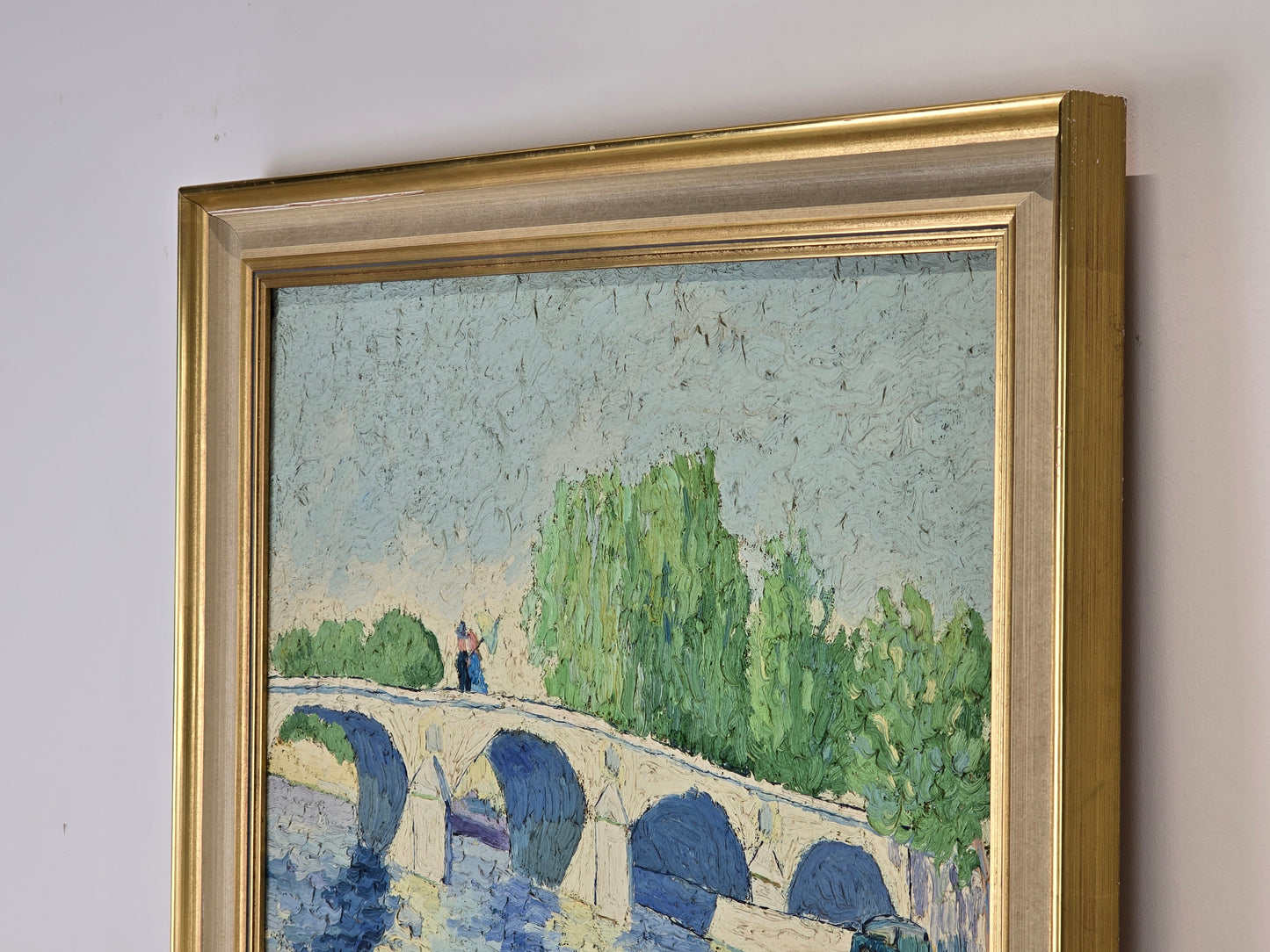 HANS LUCKAS Ölgemälde Impressionismus Paris Brücke Boot Rahmen Antik 1960