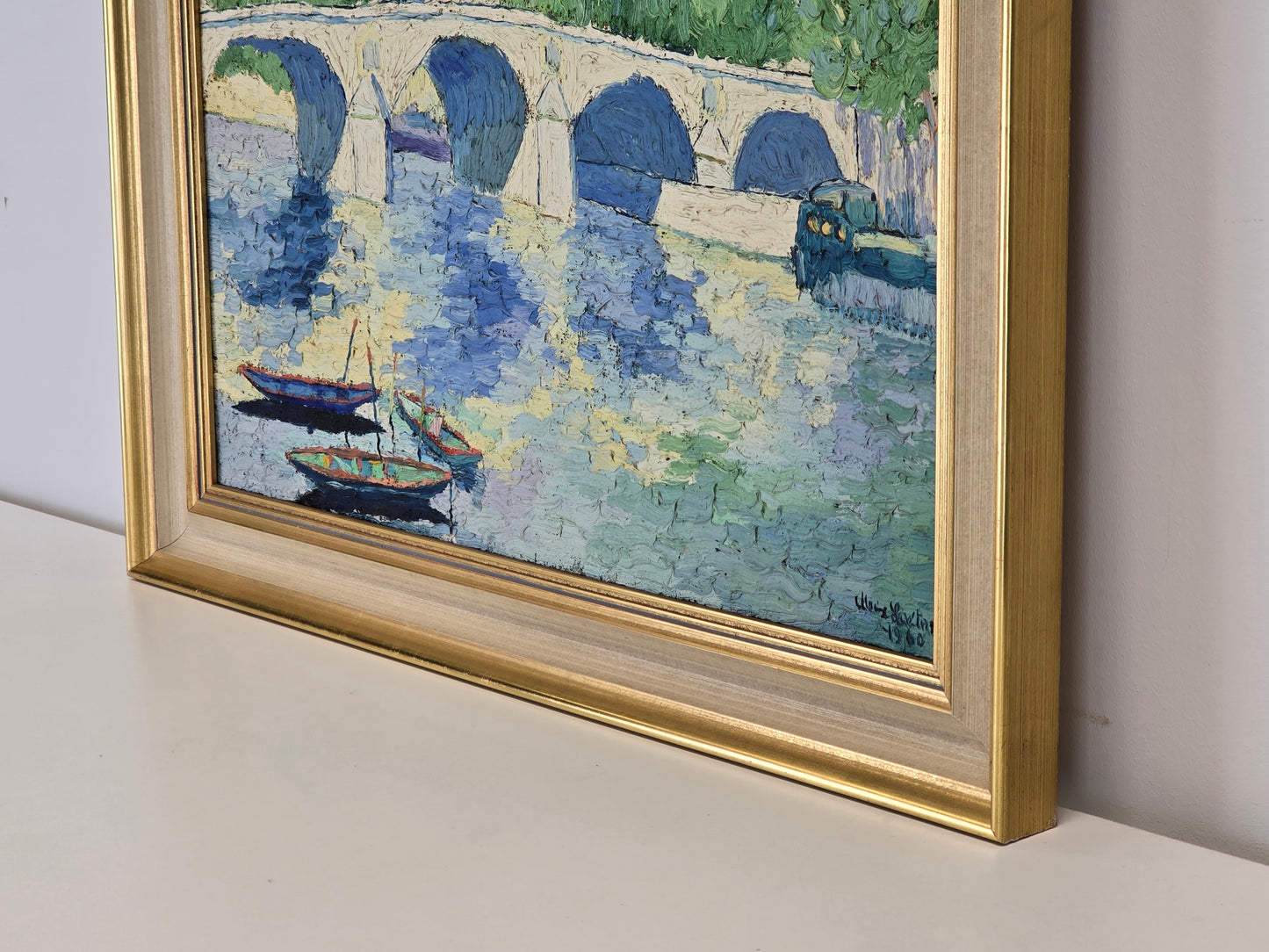 HANS LUCKAS Ölgemälde Impressionismus Paris Brücke Boot Rahmen Antik 1960