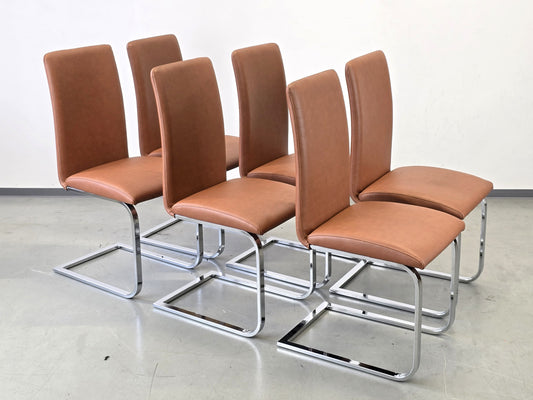 DESIGN FREISCHWINGER Leder-Optik Braun Chrom Stühle hochwertig 6er Set Modern