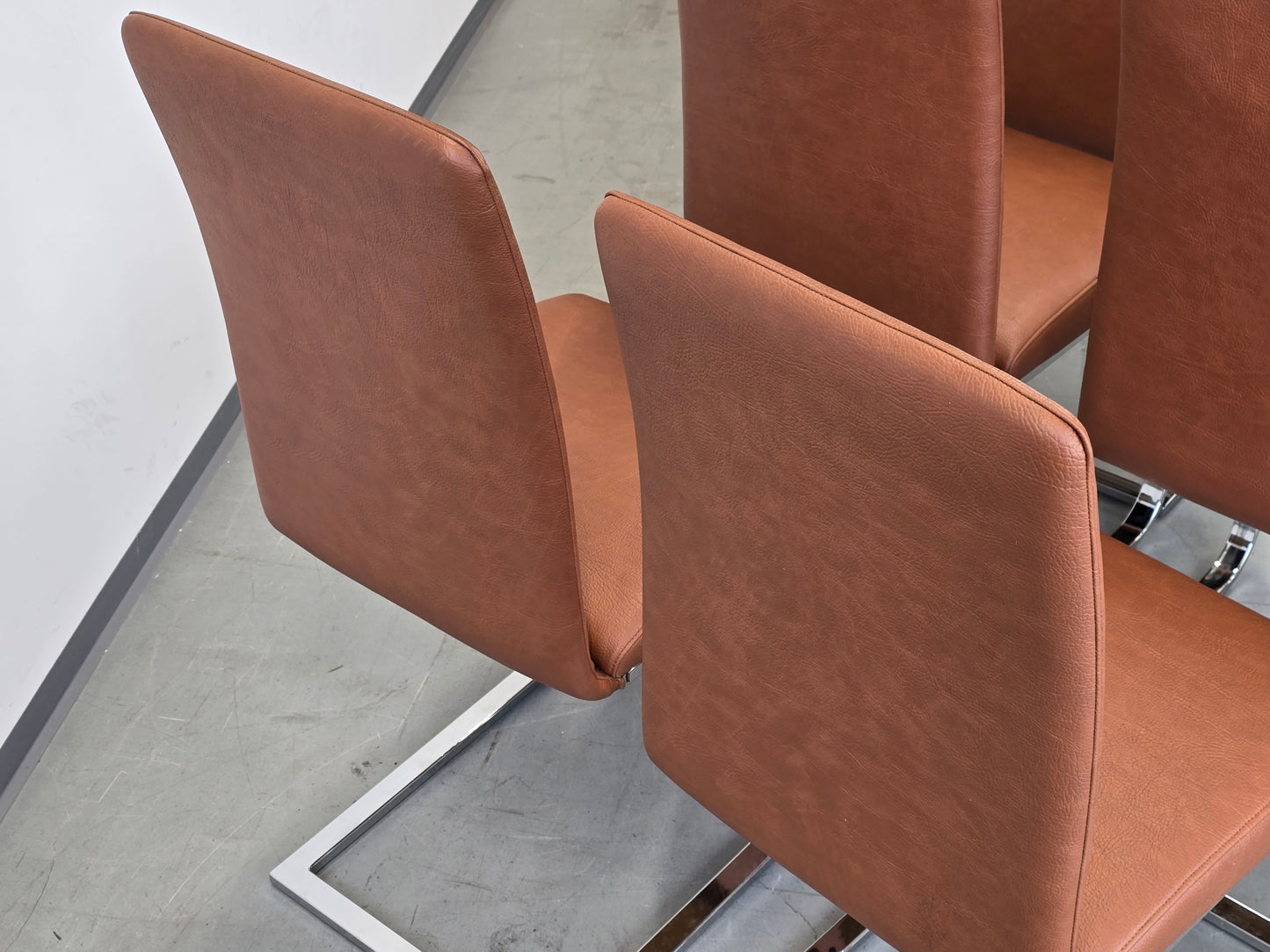 DESIGN FREISCHWINGER Leder-Optik Braun Chrom Stühle hochwertig 6er Set Modern