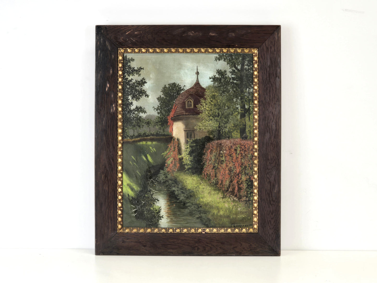 ERNST LEONHARDT Ölgemälde Landschaft Herbst Turm Haus Bach Antik Rahmen signiert