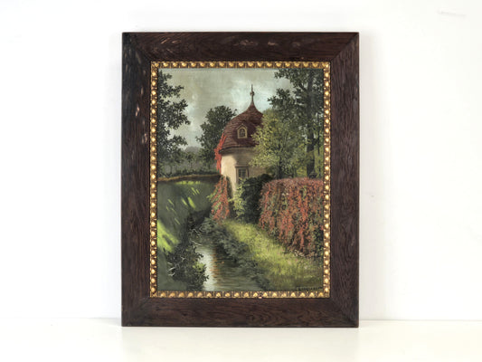 ERNST LEONHARDT Ölgemälde Landschaft Herbst Turm Haus Bach Antik Rahmen signiert
