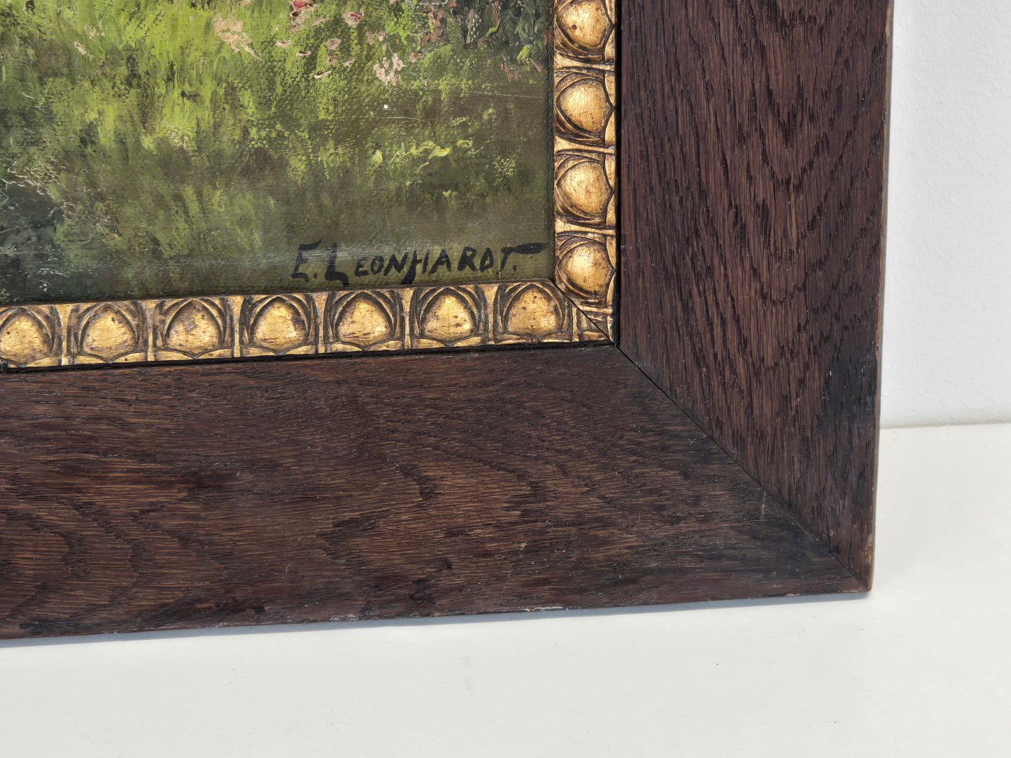 ERNST LEONHARDT Ölgemälde Landschaft Herbst Turm Haus Bach Antik Rahmen signiert