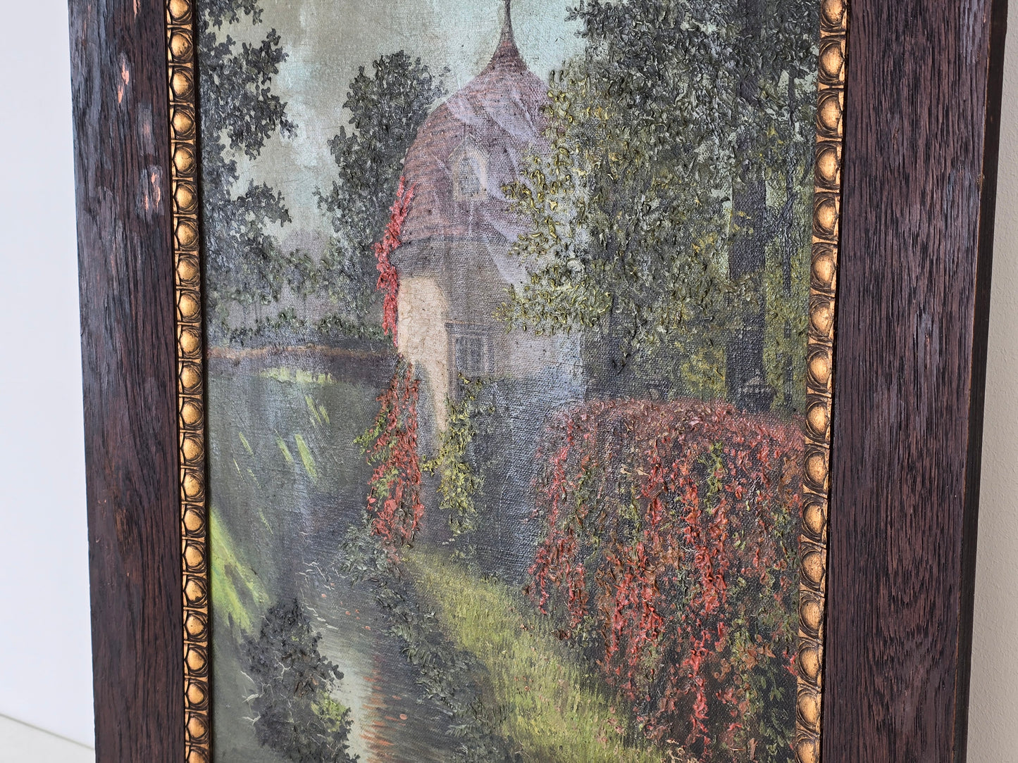 ERNST LEONHARDT Ölgemälde Landschaft Herbst Turm Haus Bach Antik Rahmen signiert