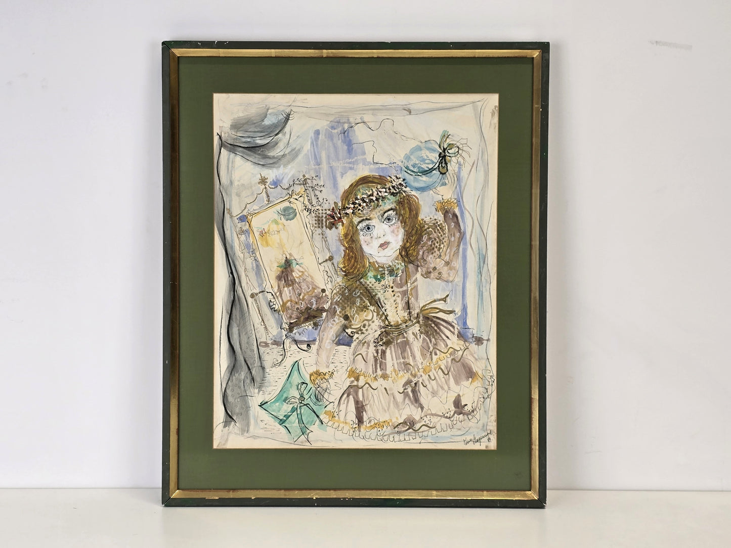 VIONA VIEGENER Original Aquarell 1984 Gemälde Bild gerahmt Kunst Mädchen Vintage