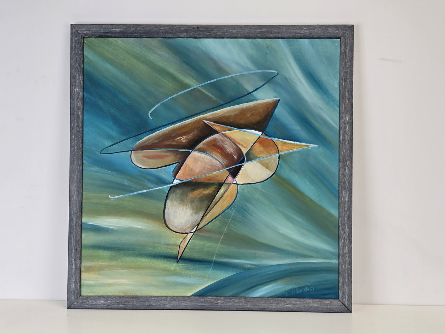 E. KELLER Abstraktes Gemälde 1989 Modern Art Vintage Ölbild Gerahmt Blau