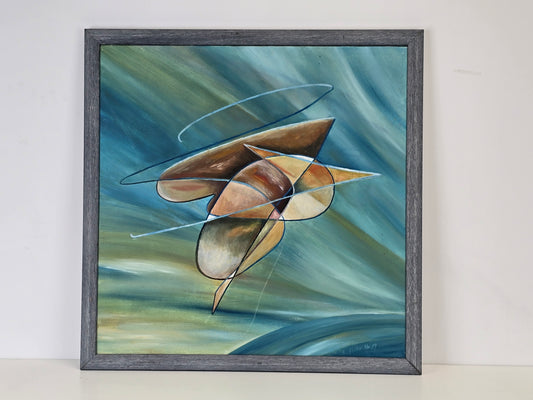 E. KELLER Abstraktes Gemälde 1989 Modern Art Vintage Ölbild Gerahmt Blau