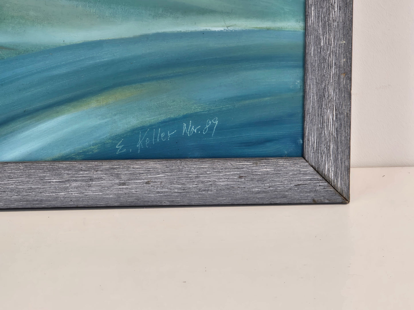 E. KELLER Abstraktes Gemälde 1989 Modern Art Vintage Ölbild Gerahmt Blau