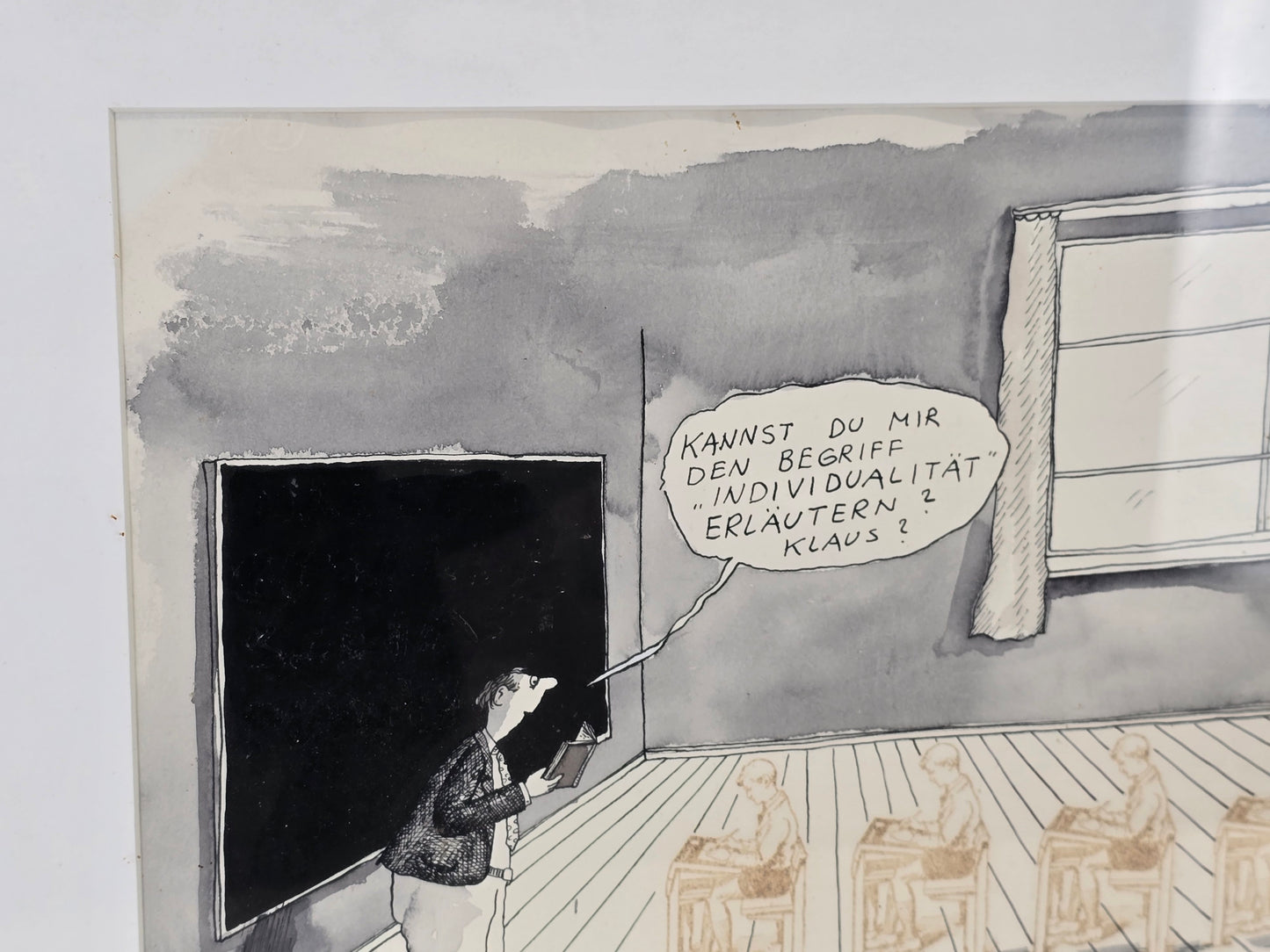 PAPAN MANFRED Original Karikatur 1985 Zeichnung signiert Schule Kunst Satire