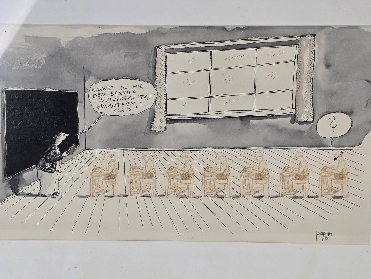 PAPAN MANFRED Original Karikatur 1985 Zeichnung signiert Schule Kunst Satire