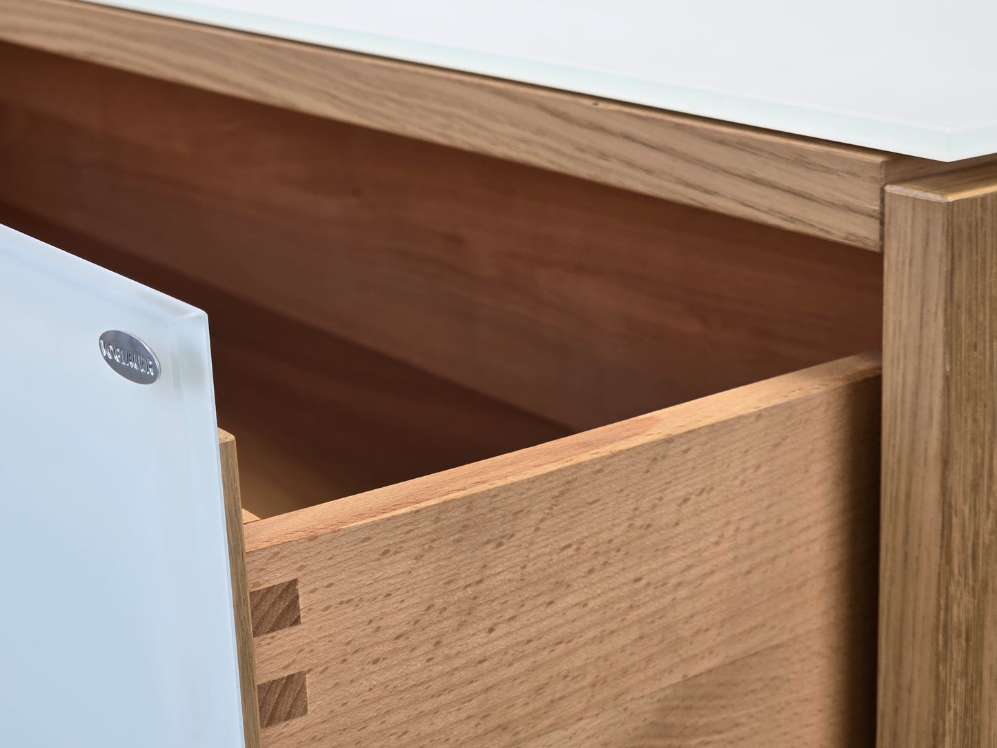 VOGLAUER SIDEBOARD Kommode Schubladen Designer Eiche Massivholz Glas weiß Highboard