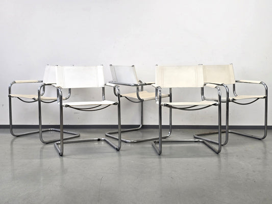 DESIGN FREISCHWINGER Leder Weiß Chrom Stuhl Bauhaus Vintage 60er 70er