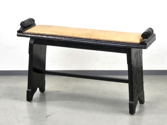 VINTAGE BANK Leder Schwarz Holz geschnitzt Weintrauben Flurbank Spanish Revival