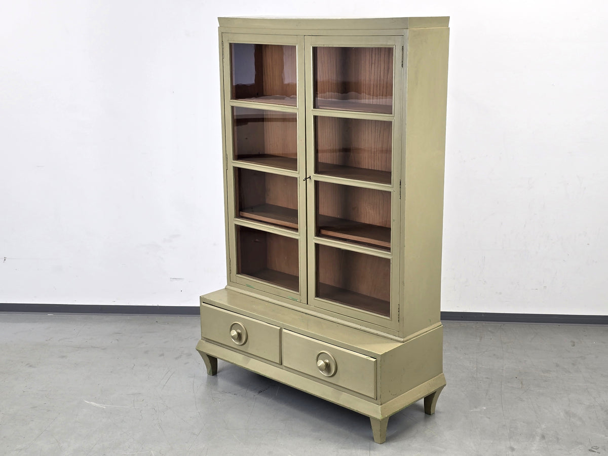 VINTAGE VITRINE BÜCHERSCHRANK Schrank Regal Design 60er 50er Jahre Holz Grün Glasschrank