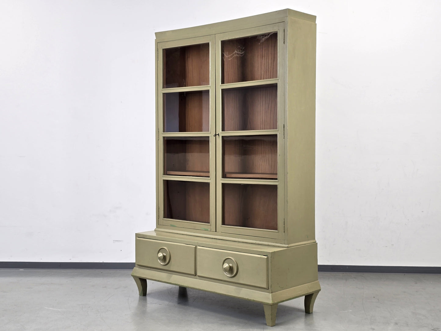 VINTAGE VITRINE BÜCHERSCHRANK Schrank Regal Design 60er 50er Jahre Holz Grün Glasschrank