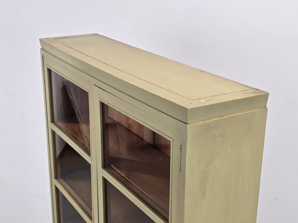 VINTAGE VITRINE BÜCHERSCHRANK Schrank Regal Design 60er 50er Jahre Holz Grün Glasschrank