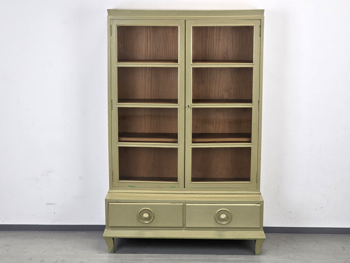 VINTAGE VITRINE BÜCHERSCHRANK Schrank Regal Design 60er 50er Jahre Holz Grün Glasschrank