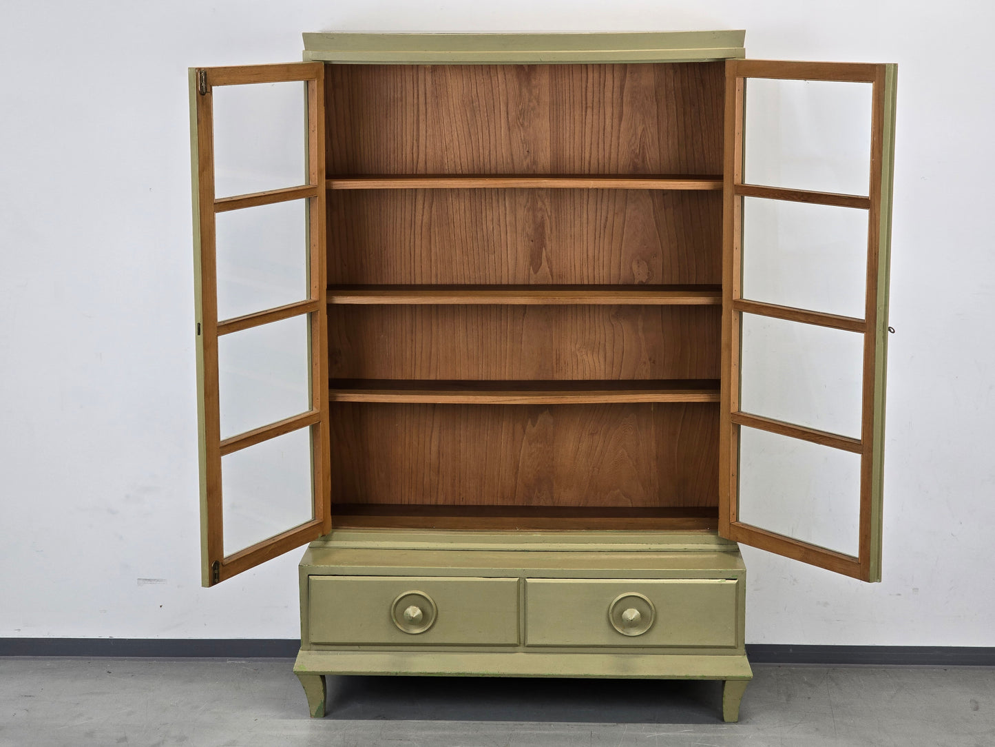 VINTAGE VITRINE BÜCHERSCHRANK Schrank Regal Design 60er 50er Jahre Holz Grün Glasschrank