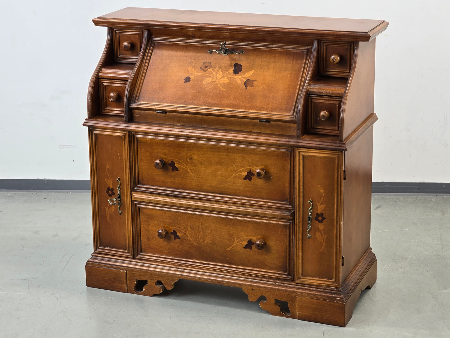 VINTAGE SEKRETÄR Schreibschrank Kommode Intarsien Antik-Stil Massivholz 60er