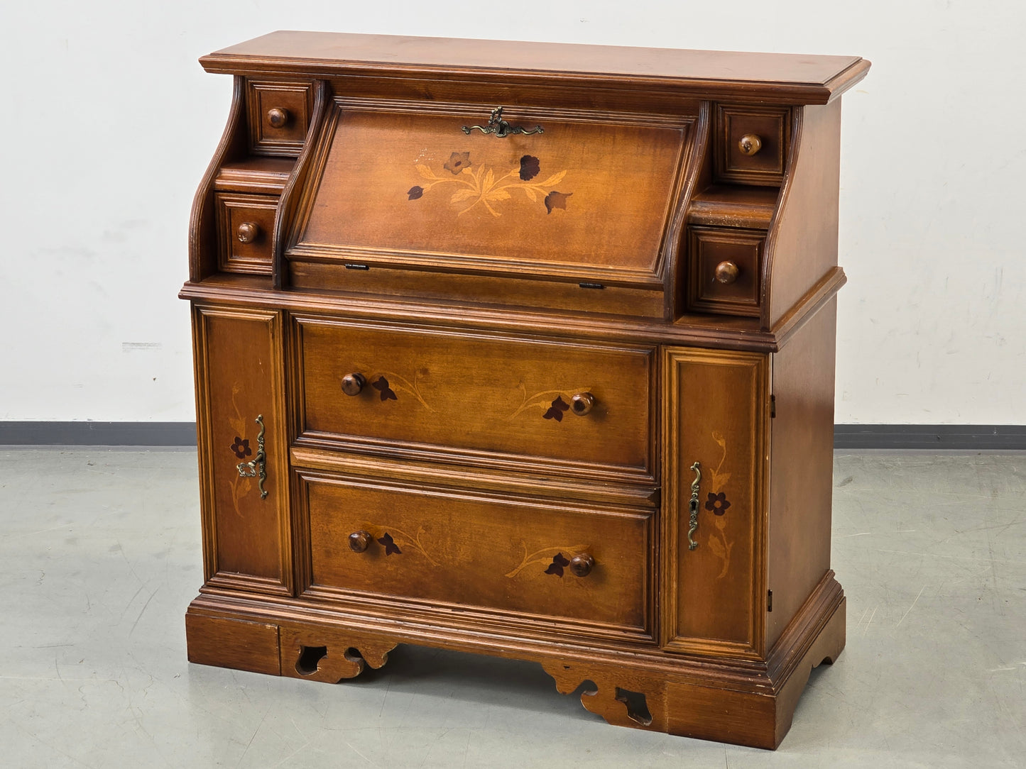 VINTAGE SEKRETÄR Schreibschrank Kommode Intarsien Antik-Stil Massivholz 60er