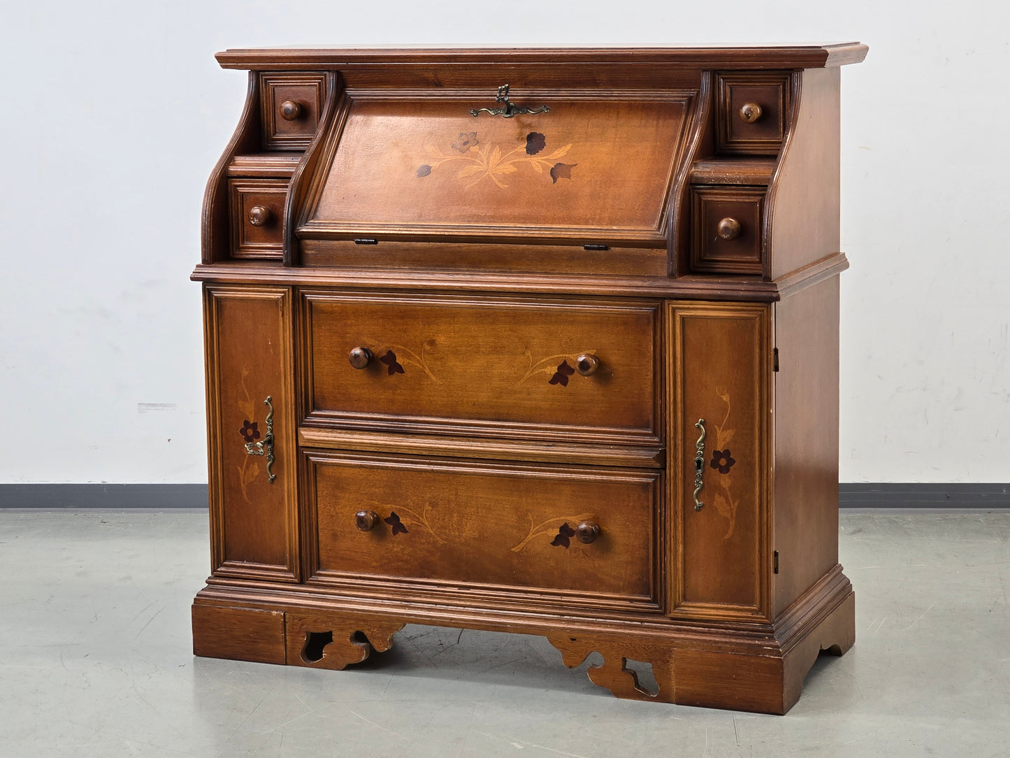 VINTAGE SEKRETÄR Schreibschrank Kommode Intarsien Antik-Stil Massivholz 60er
