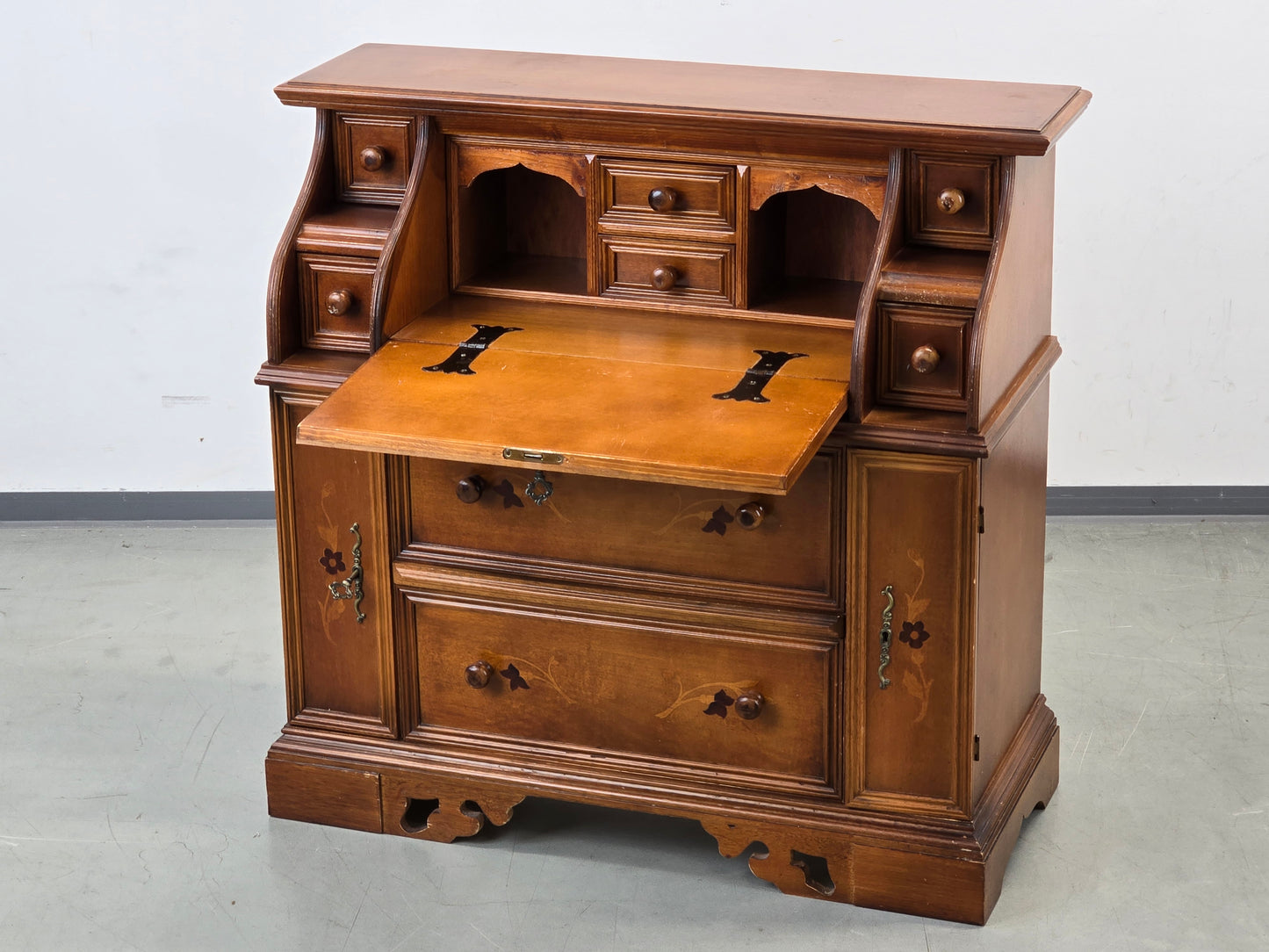 VINTAGE SEKRETÄR Schreibschrank Kommode Intarsien Antik-Stil Massivholz 60er