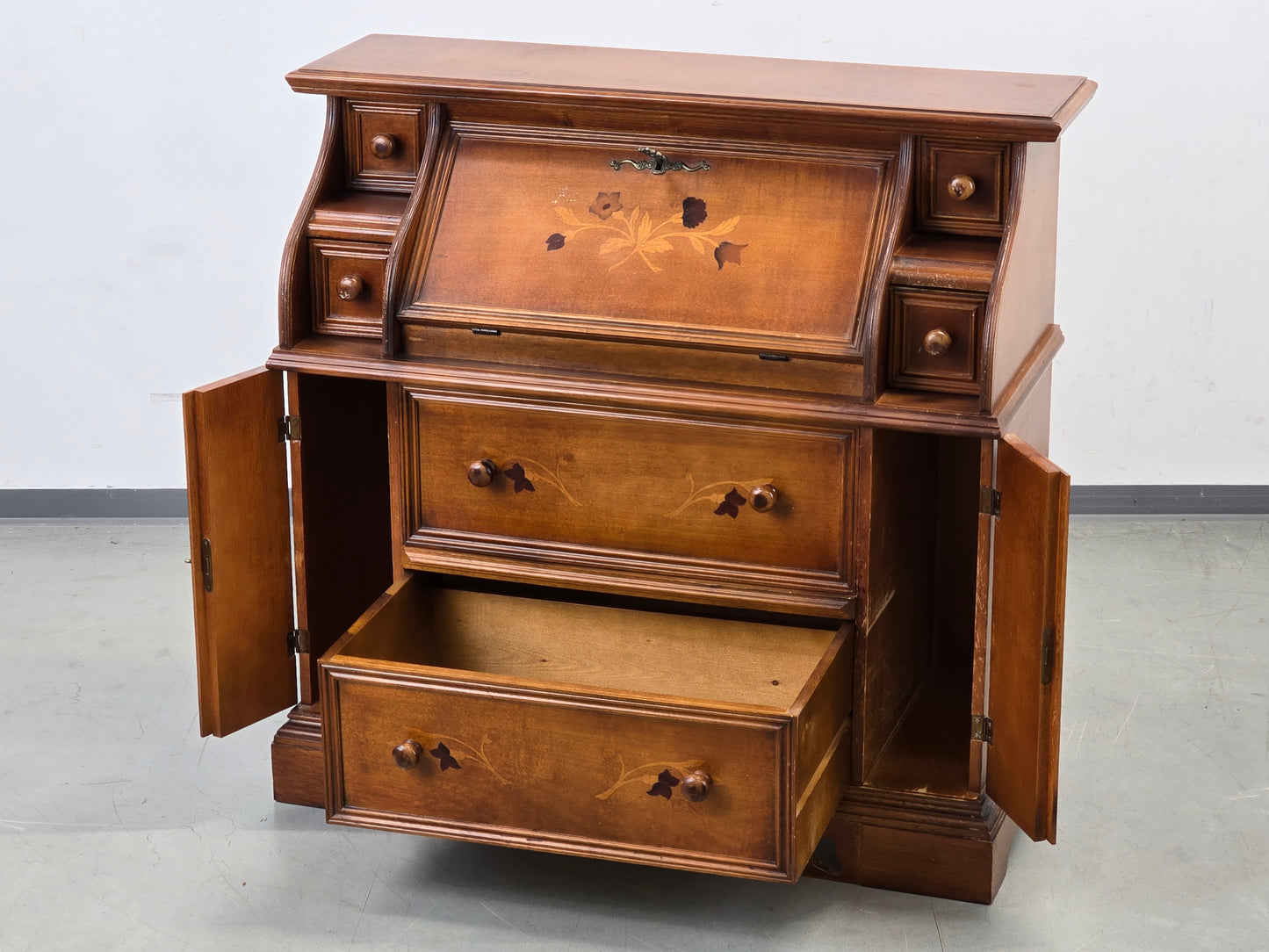 VINTAGE SEKRETÄR Schreibschrank Kommode Intarsien Antik-Stil Massivholz 60er