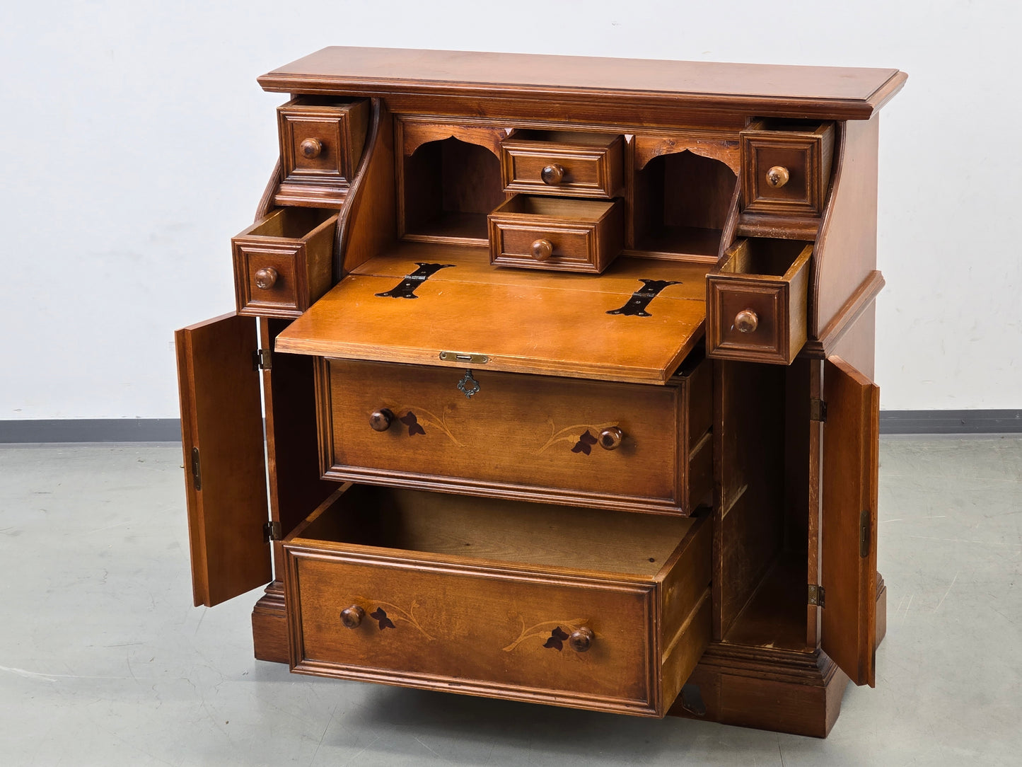 VINTAGE SEKRETÄR Schreibschrank Kommode Intarsien Antik-Stil Massivholz 60er