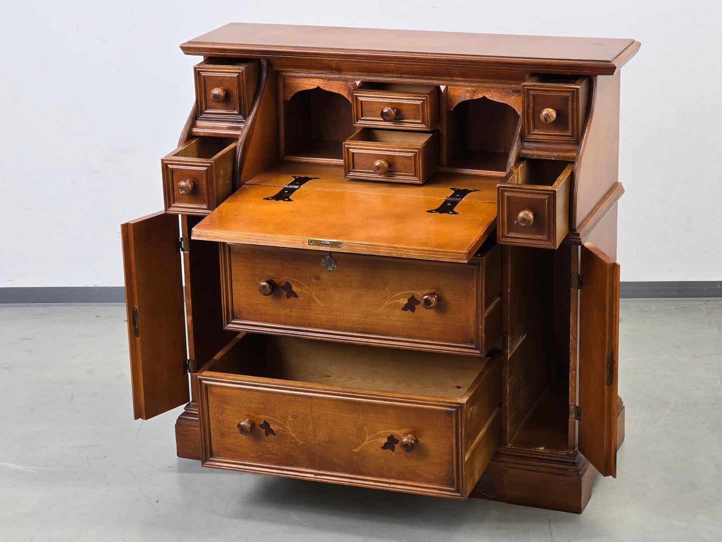 VINTAGE SEKRETÄR Schreibschrank Kommode Intarsien Antik-Stil Massivholz 60er