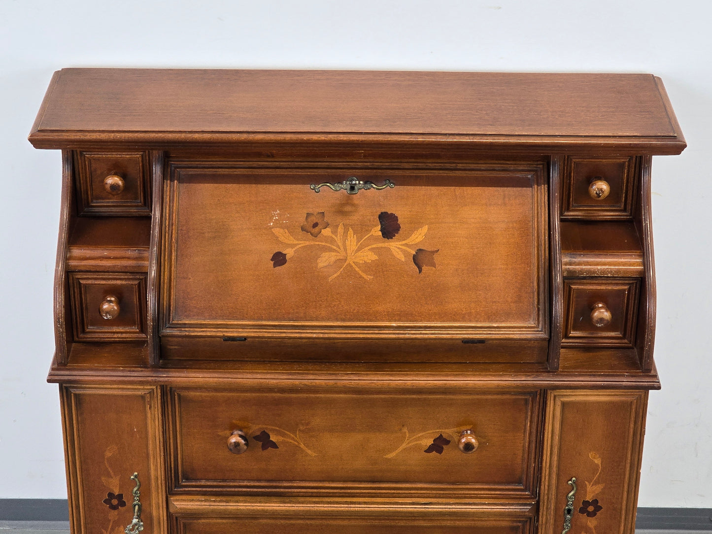 VINTAGE SEKRETÄR Schreibschrank Kommode Intarsien Antik-Stil Massivholz 60er