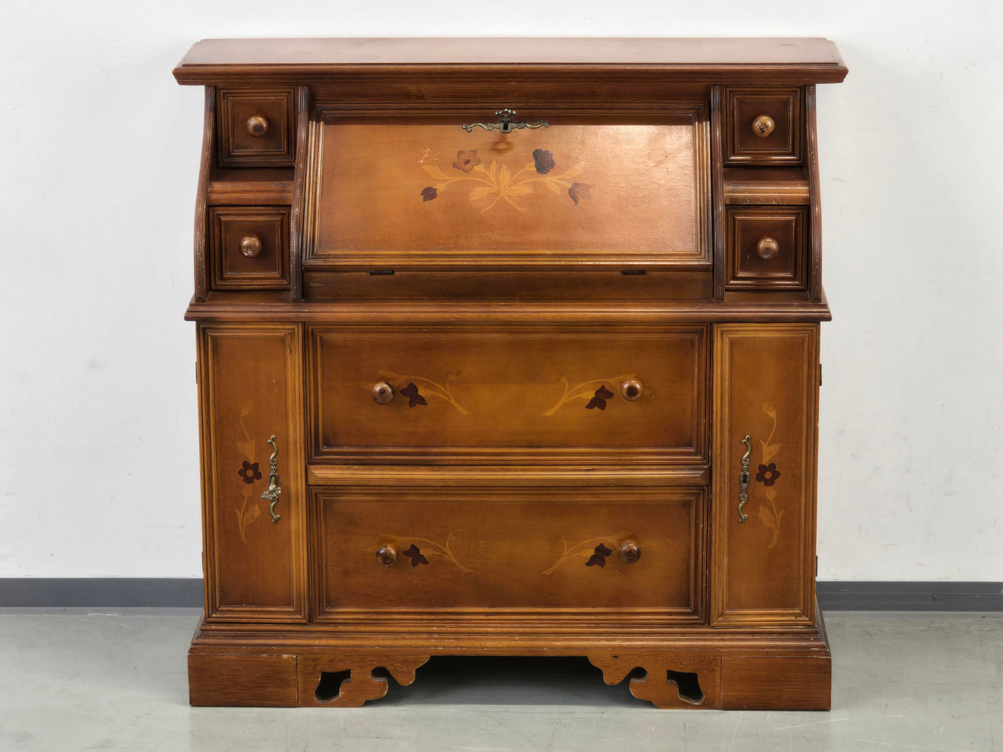 VINTAGE SEKRETÄR Schreibschrank Kommode Intarsien Antik-Stil Massivholz 60er