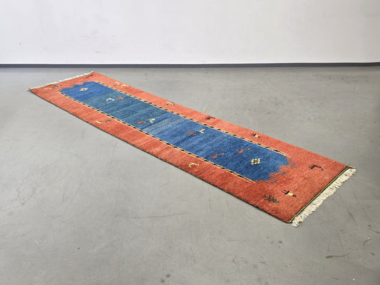 GABBEH TEPPICH Läufer Flur Orientteppich Blau Rot Handgeknüpft Wolle 302x80