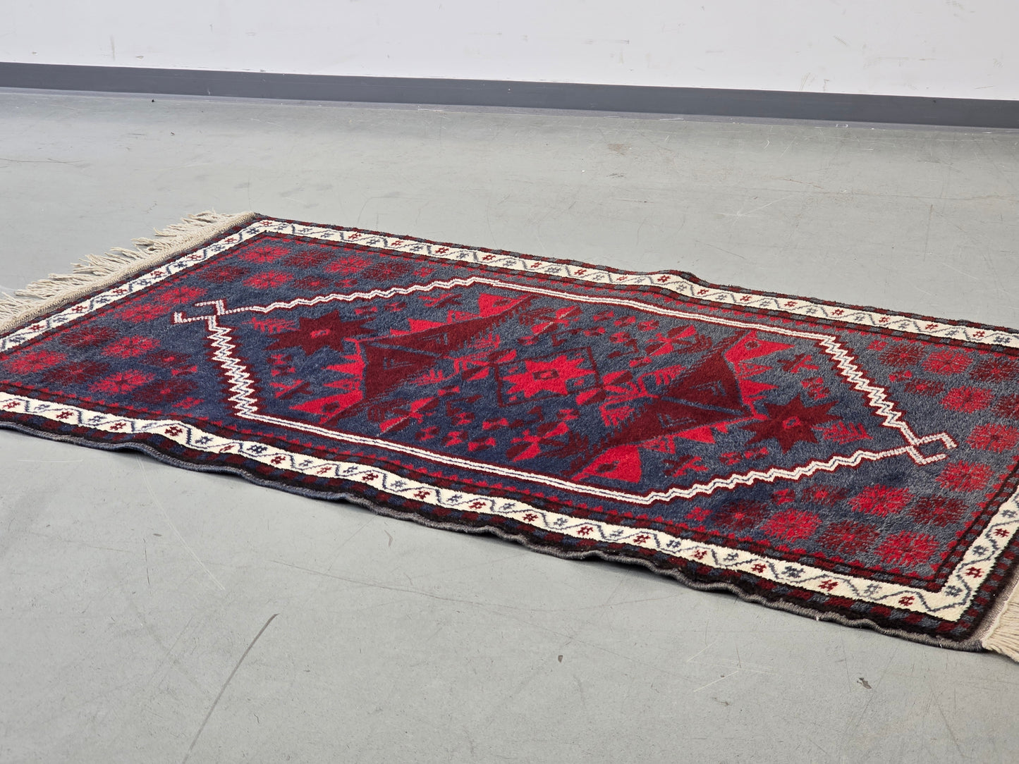 VINTAGE TEPPICH Läufer Wolle 130x79 Türkei Boho Mid Century Rot Blau