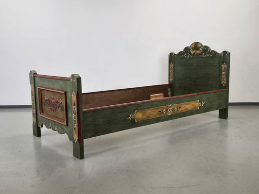 VOGLAUER BETT Anno 1700 Bauernbett Einzelbett Grün handbemalt Massivholz 90x200