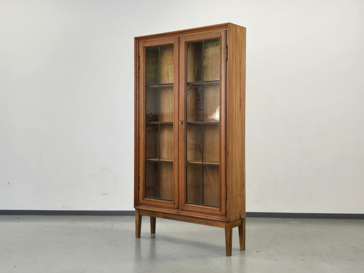 VINTAGE VITRINE Eiche Bleiglas Art Déco Schrank Bücherregal