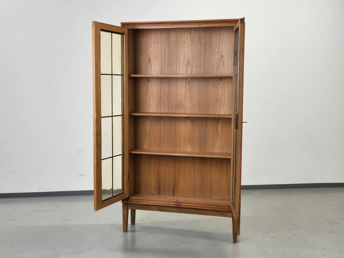 VINTAGE VITRINE Eiche Bleiglas Art Déco Schrank Bücherregal