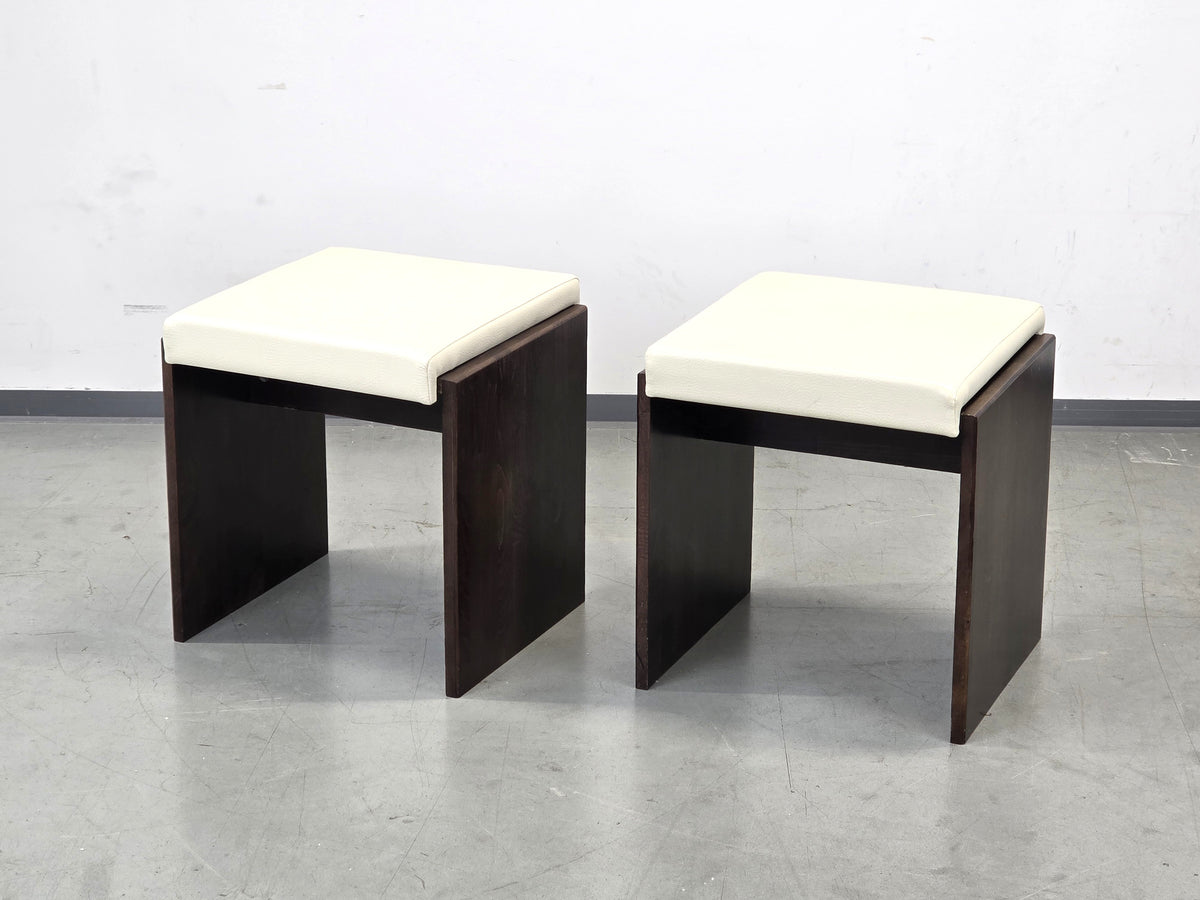 VINTAGE HOCKER Mid Century Brutalist Leder Holz Beistelltisch 60s 70s
