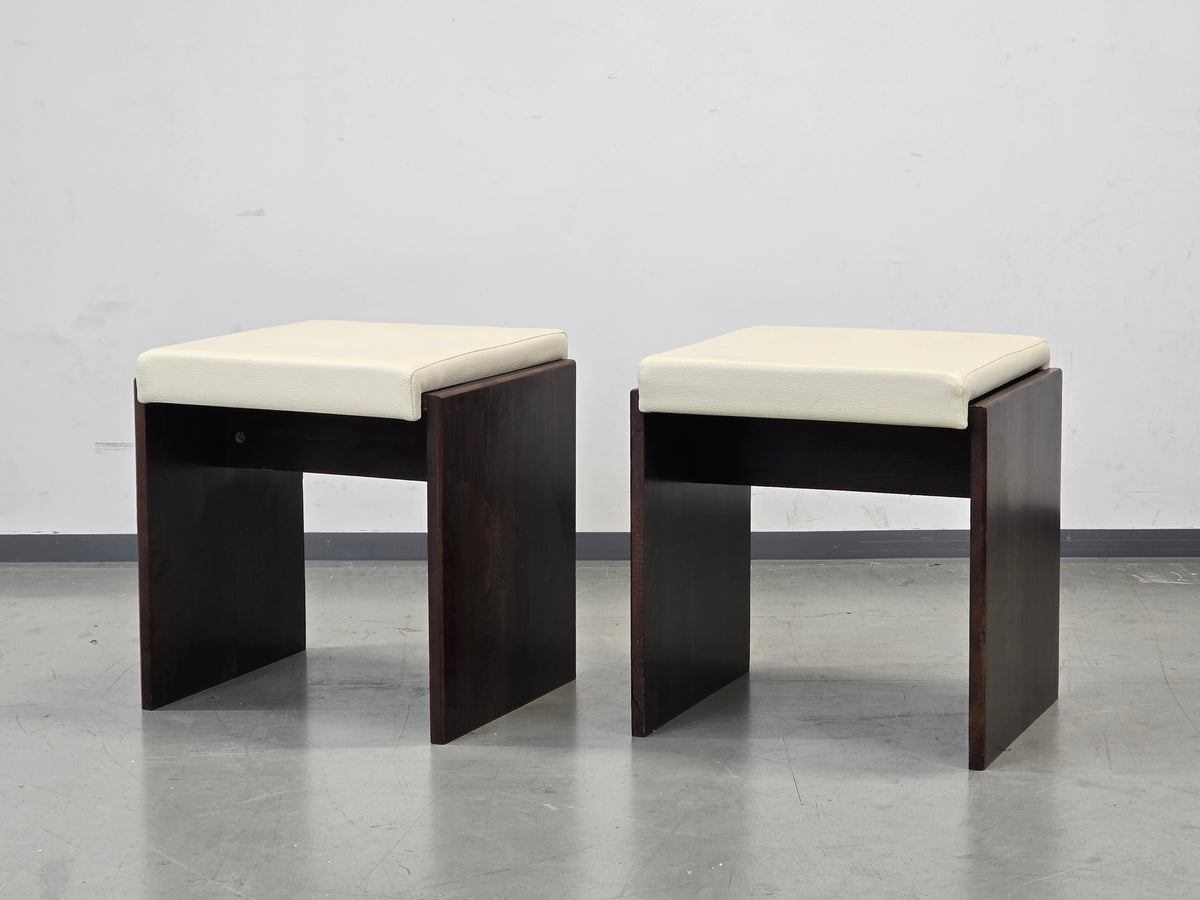 VINTAGE HOCKER Mid Century Brutalist Leder Holz Beistelltisch 60s 70s