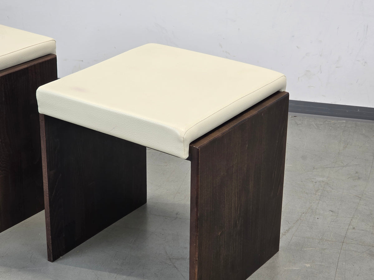 VINTAGE HOCKER Mid Century Brutalist Leder Holz Beistelltisch 60s 70s