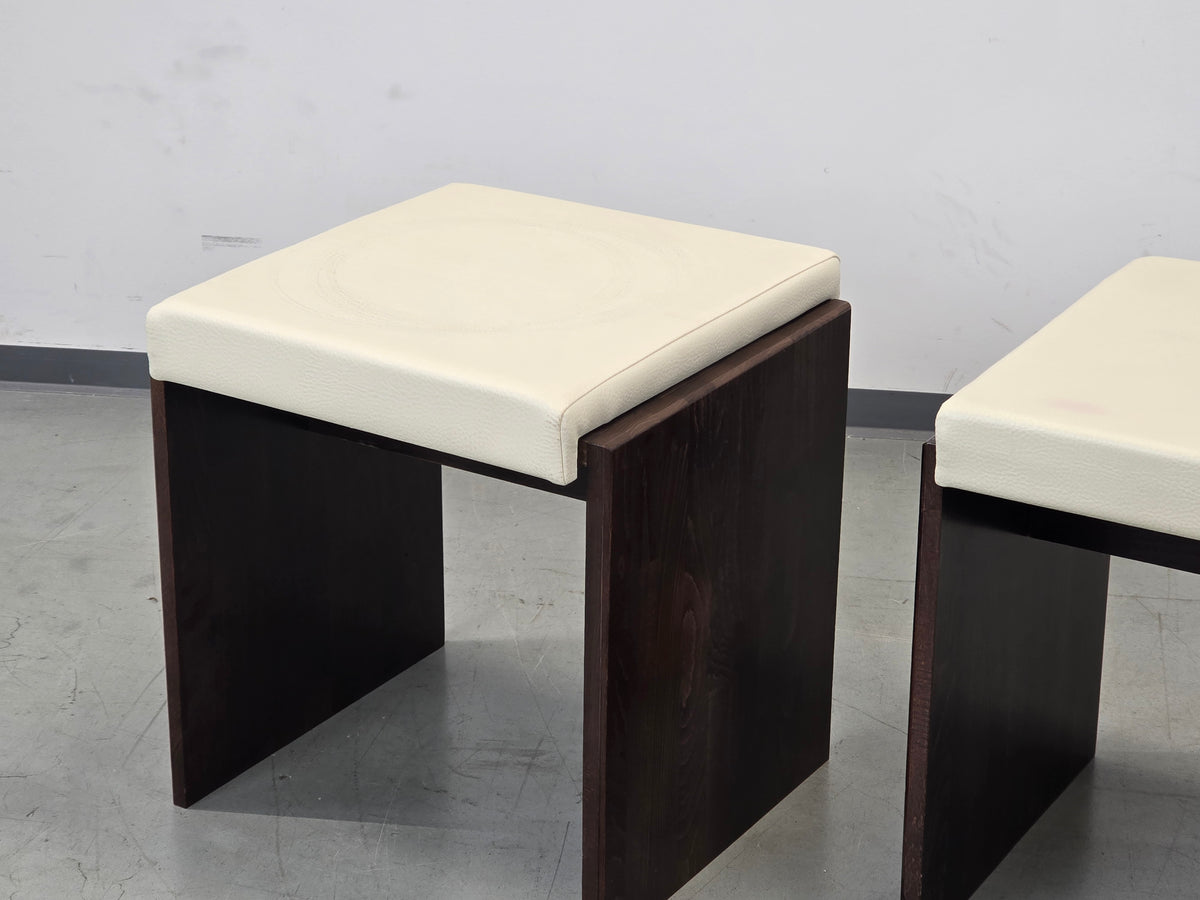 VINTAGE HOCKER Mid Century Brutalist Leder Holz Beistelltisch 60s 70s