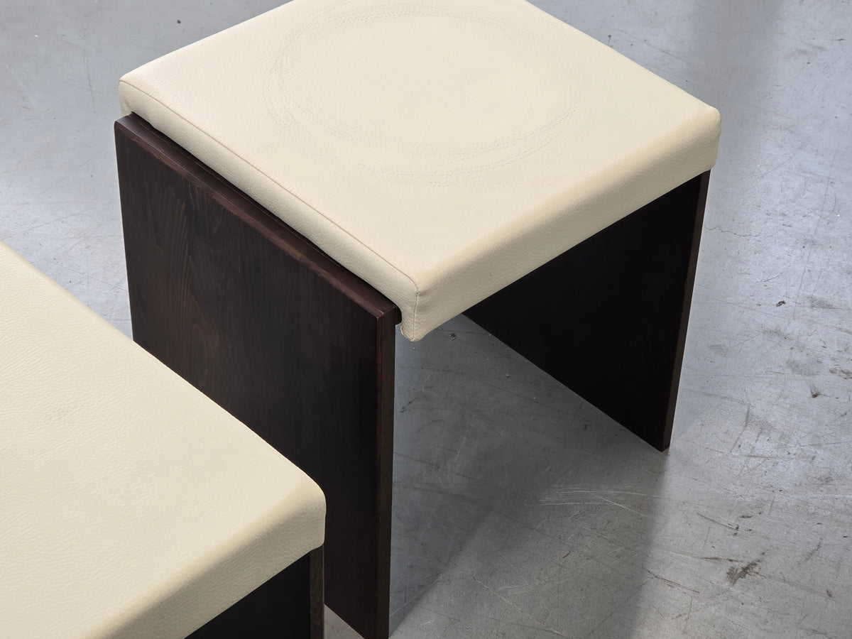 VINTAGE HOCKER Mid Century Brutalist Leder Holz Beistelltisch 60s 70s