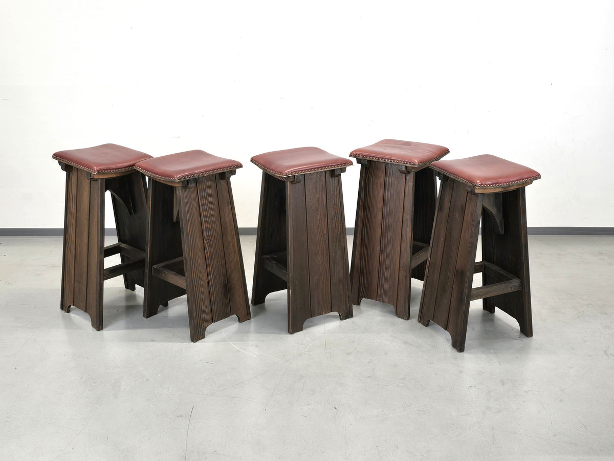 BARHOCKER VINTAGE Brutalismus Leder Holz Hocker Barstuhl Design Stuhl