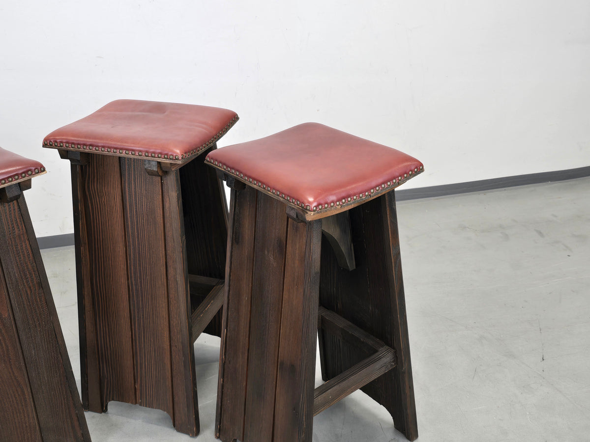BARHOCKER VINTAGE Brutalismus Leder Holz Hocker Barstuhl Design Stuhl