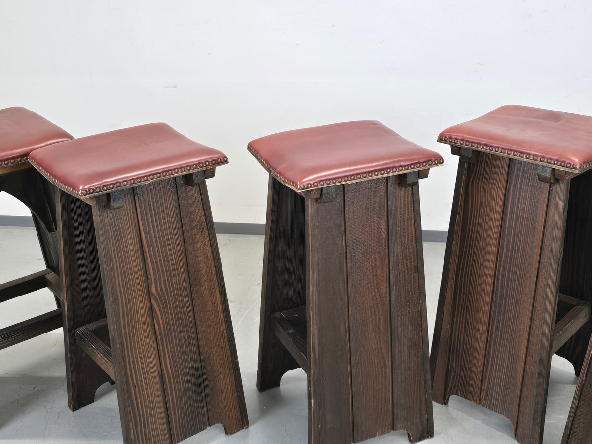 BARHOCKER VINTAGE Brutalismus Leder Holz Hocker Barstuhl Design Stuhl