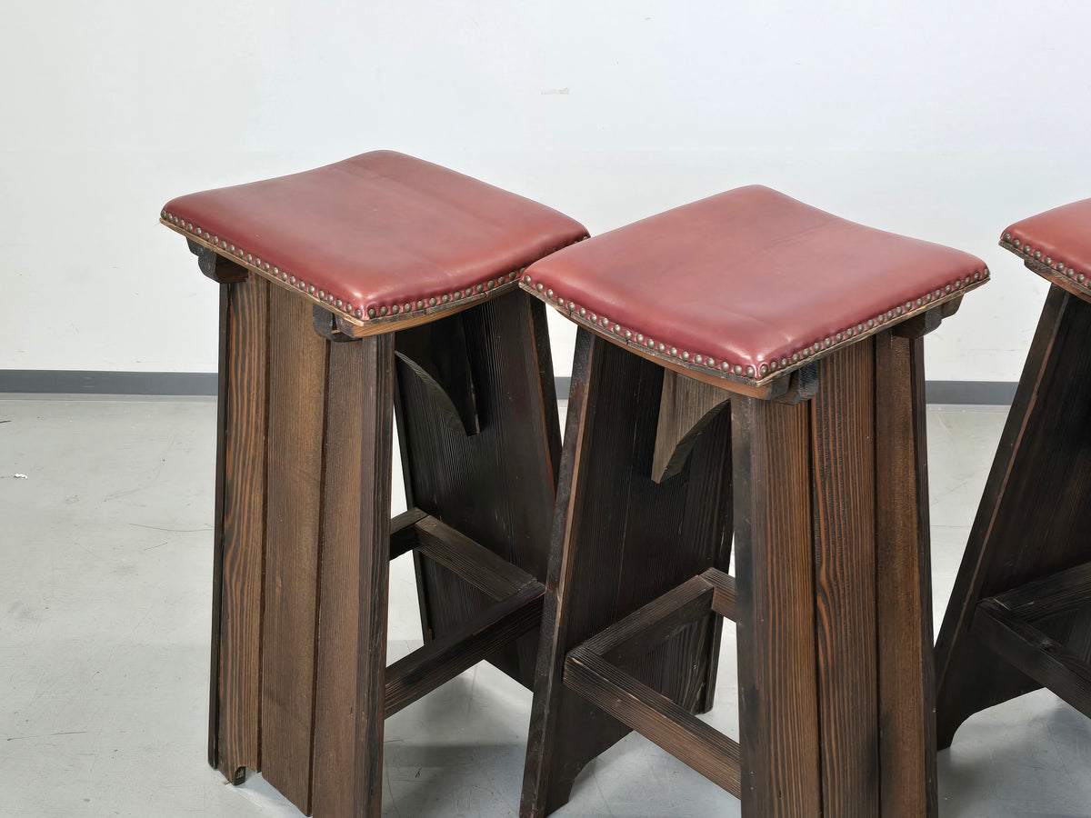 BARHOCKER VINTAGE Brutalismus Leder Holz Hocker Barstuhl Design Stuhl
