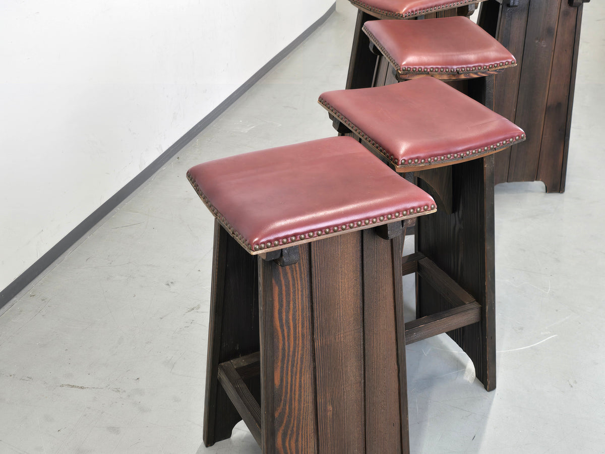 BARHOCKER VINTAGE Brutalismus Leder Holz Hocker Barstuhl Design Stuhl
