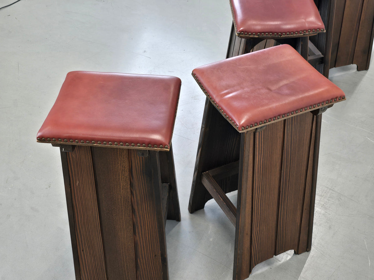 BARHOCKER VINTAGE Brutalismus Leder Holz Hocker Barstuhl Design Stuhl